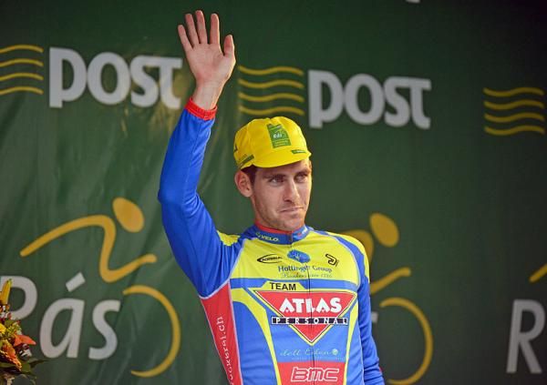 Pirmin Lang( Atlas Jakroo) is introduced to the crowd before being presented with his race leaders' yellow ersey.