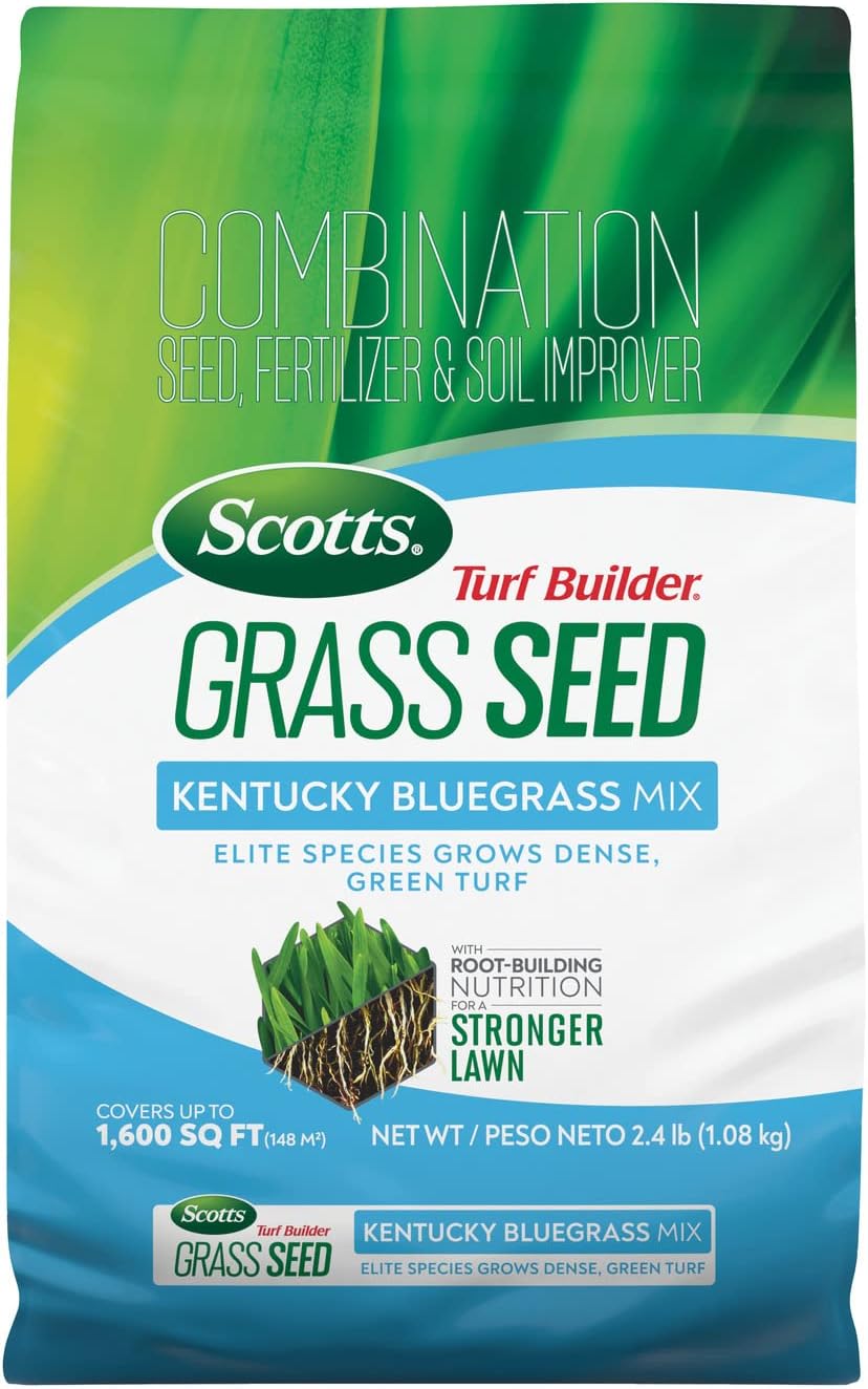 Scotts Turf Builder Grass Seed Kentucky Bluegrass Mix With Fertilizer and Soil Improver, Grows Dense, Green Turf, 5.6 Lbs.