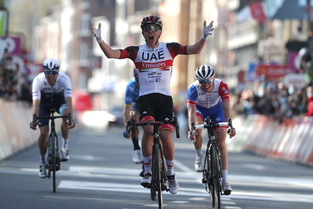 LIEGE BELGIUM APRIL 25 Tadej Pogacar of Slovenia and UAE Team Emirates celebrates at arrival during the 107th Liege Bastogne Liege 2021 Mens Elite a 2595km race from Bastogne to Lige LBL on April 25 2021 in Liege Belgium Photo by Bas CzerwinskiGetty Images