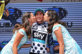 Sergio Henao in the climber's jersey at the Tour Down Under.