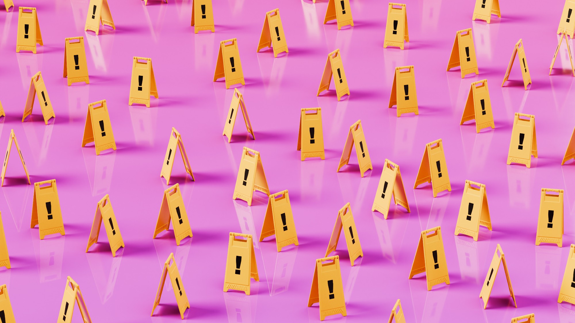 A multitude of foldable yellow floor signs with an exclamation mark on them, on a shiny pink floor
