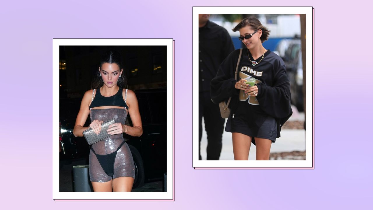 Kendall Jenner and Hailey Bieber pictured wearing the &#039;no pants&#039; trend/ in a purple gradient, two-picture template