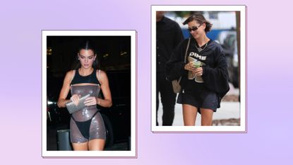 Kendall Jenner and Hailey Bieber pictured wearing the 'no pants' trend/ in a purple gradient, two-picture template