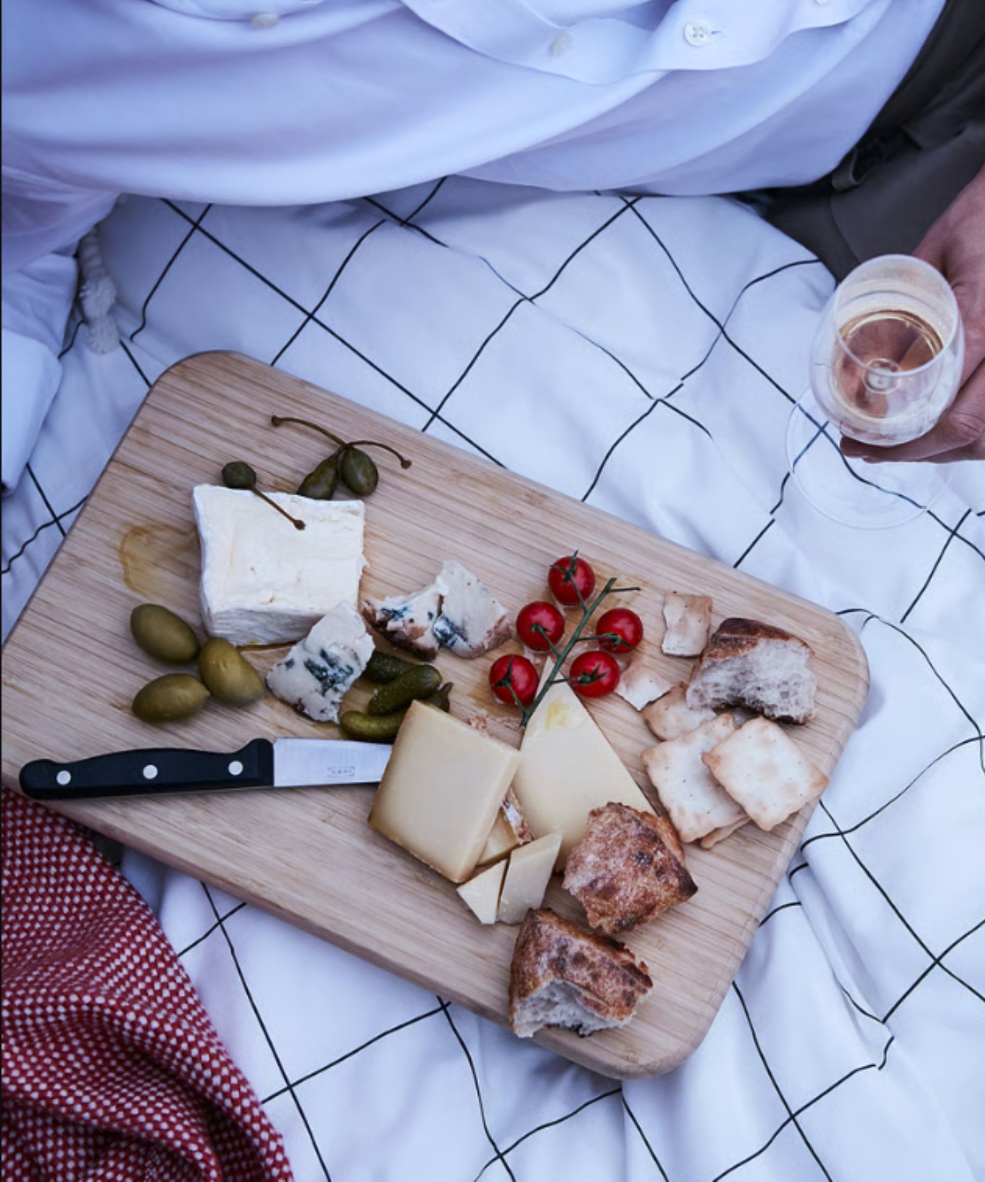 Bamboo serving board with cheese, bread, olives and tomatoes on, over a checked blanket