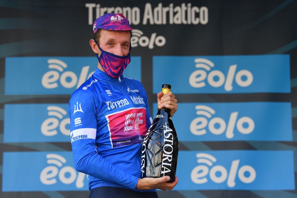 CASCIA ITALY SEPTEMBER 10 Podium Michael Woods of Canada and Team EF Pro Cycling Blue Leader Jersey Celebration Champagne during the 55th TirrenoAdriatico 2020 Stage 4 a 194km stage from Terni to Cascia 645m TirrenAdriatico on September 10 2020 in Cascia Italy Photo by Justin SetterfieldGetty Images