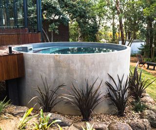 Plungie Arena round pool with ornamental grasses