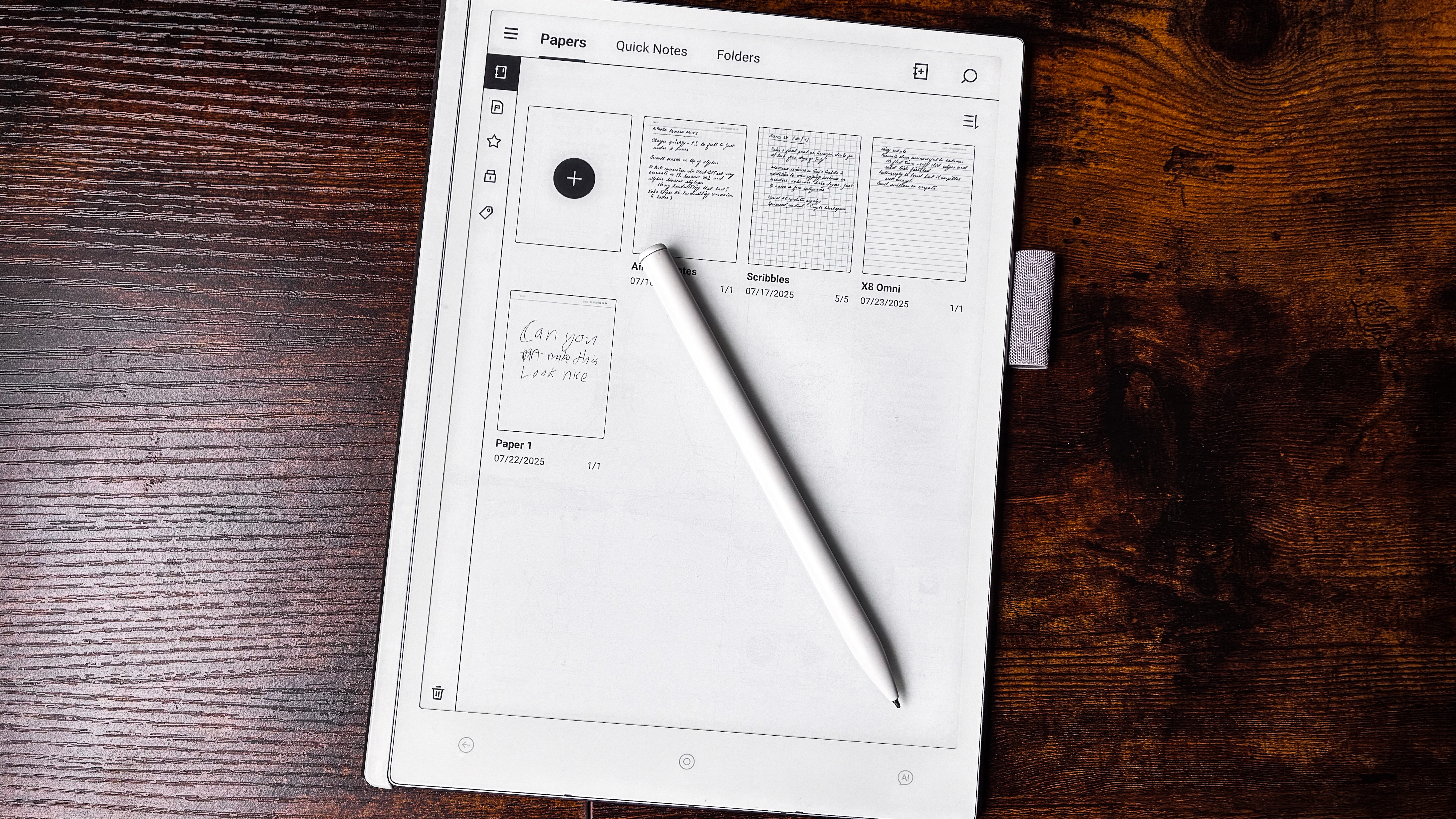 The AiPaper Gen2.5 Stylus Pen lying on the ViWoods AiPaper with the Paper app open