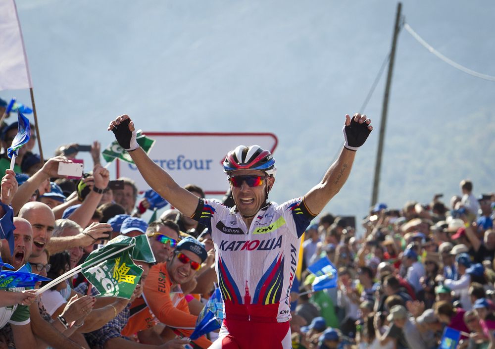 Joaquim Rodr&iacute;guez (Katusha) celebrates his stage 15 win at the Vuelta a Espana.