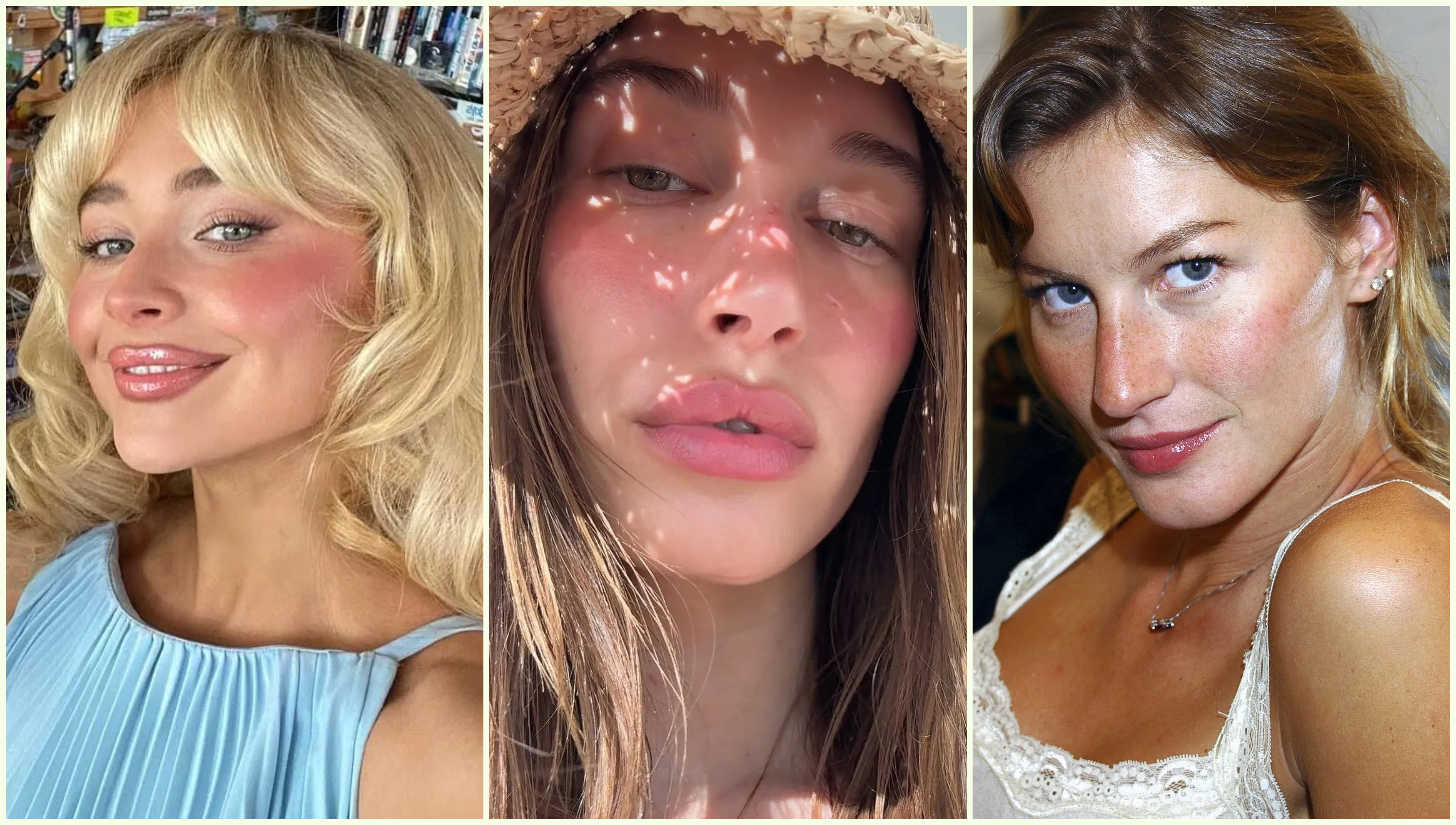 three women with dewy watercolor makeup and long blonde hair in a trio of photos, close up on their complexions