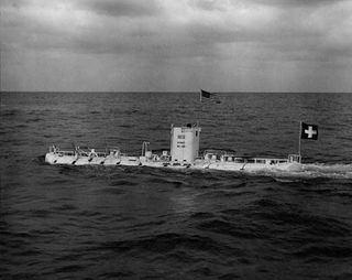 The U.S. Navy bathyscaphe Trieste under tow, en route to a deep water dive in the Pacific on Sept. 15, 1959.