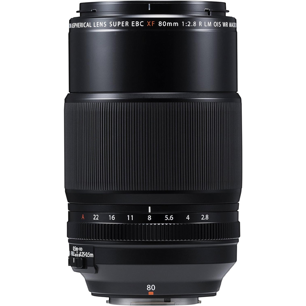 FUJIFILM XF 80mm f/2.8 R LM OIS WR Macro lens on a white background