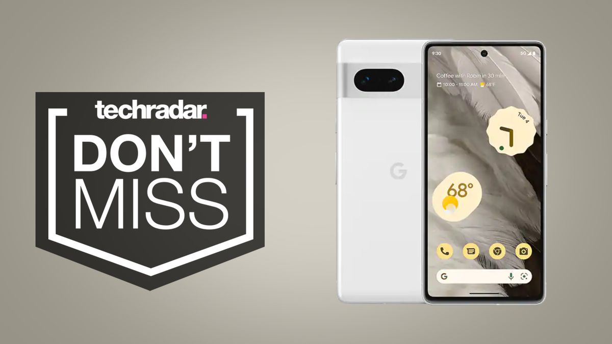 Google Pixel 7 on sand colored background with &#039;don&#039;t miss&#039; text overlay