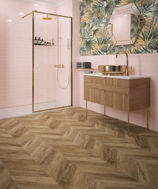 Wood effect chevron tiles in bathroom