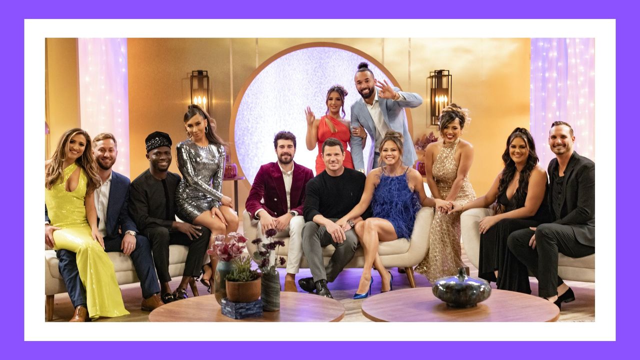 Hosts Vanessa and Nick Lachey with the cast of Love Is Blind season 3 during the reunion