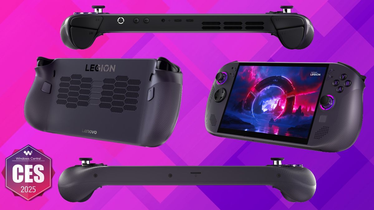 Render of the Lenovo Legion Go S with SteamOS on a purple background with the "Windows Central @ CES 2025" badge.
