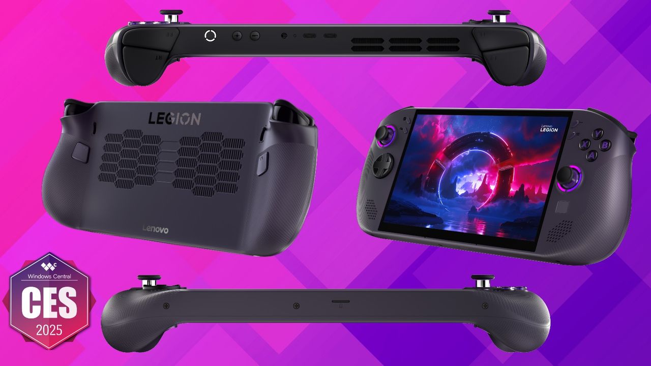 Render of the Lenovo Legion Go S with SteamOS on a purple background with the "Windows Central @ CES 2025" badge.