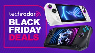 The MSI Claw and Asus ROG Ally gaming handhelds on a purple background with the text 'TechRadar Black Friday Deals'.