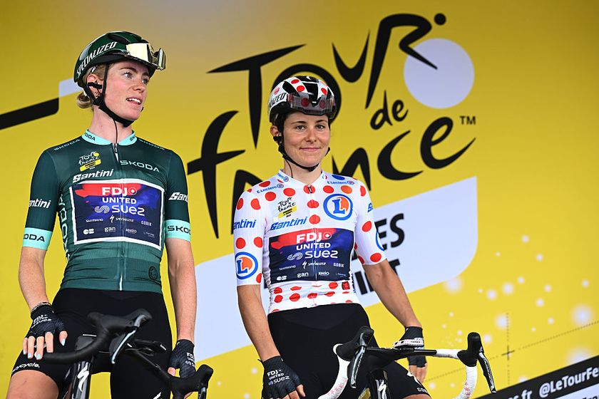 BREST, FRANCE - JULY 27: (L-R) Demi Vollering of Netherlands and Team FDJ - SUEZ - Green Sprint Jersey and Elise Chabbey of Switzerland and Team FDJ - SUEZ - Polka Dot Mountain Jersey prior to the 4th Tour de France Femmes 2025, Stage 2 a 110.4km stage from Brest to Quimper / #UCIWWT / on July 27, 2025 in Brest, France. (Photo by Szymon Gruchalski/Getty Images)