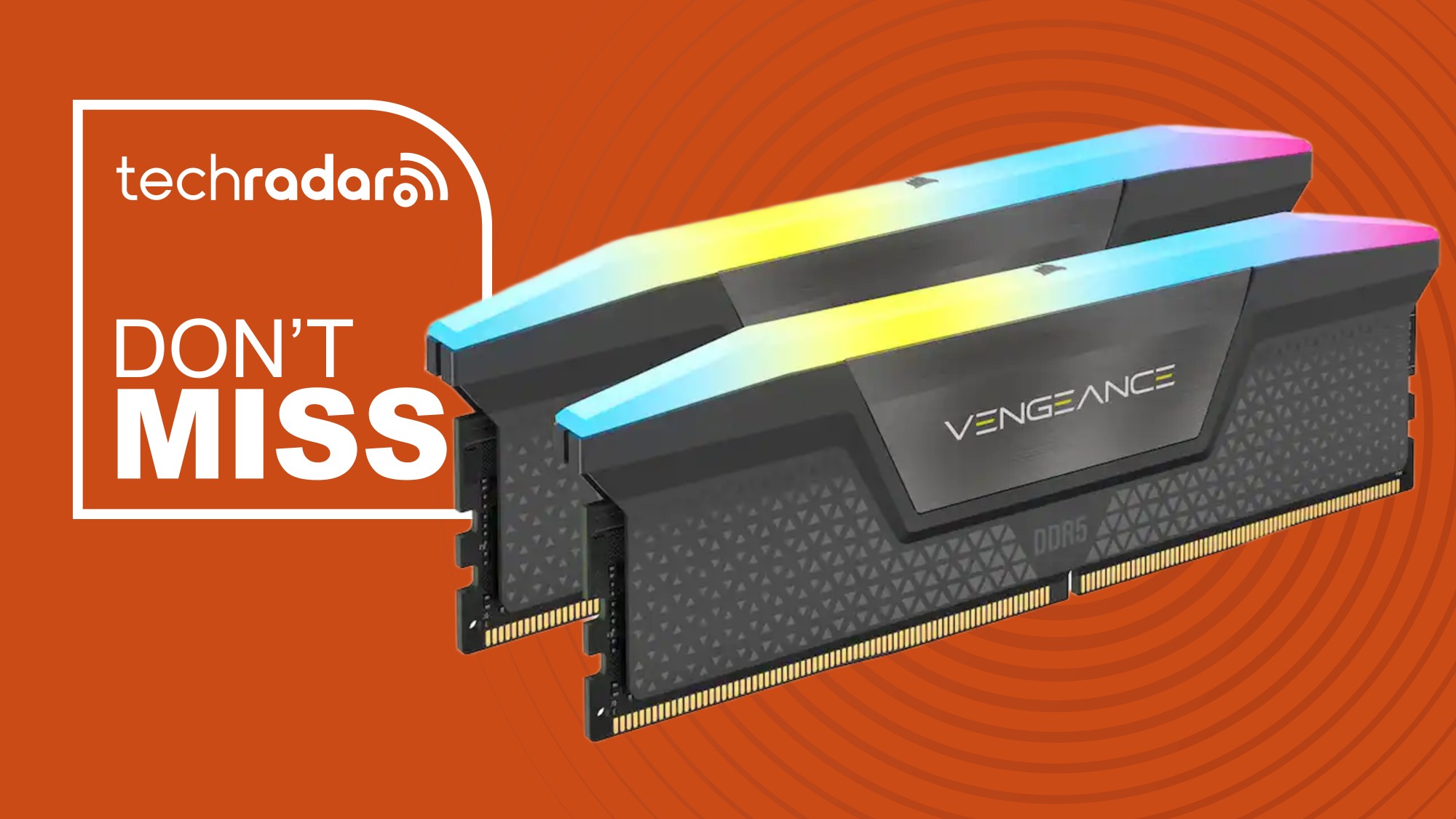 The 32GB Corsair Vengeance RGB RAM kit on an orange background next to a white TechRadar badge in the upper left that reads 'Don't Miss'