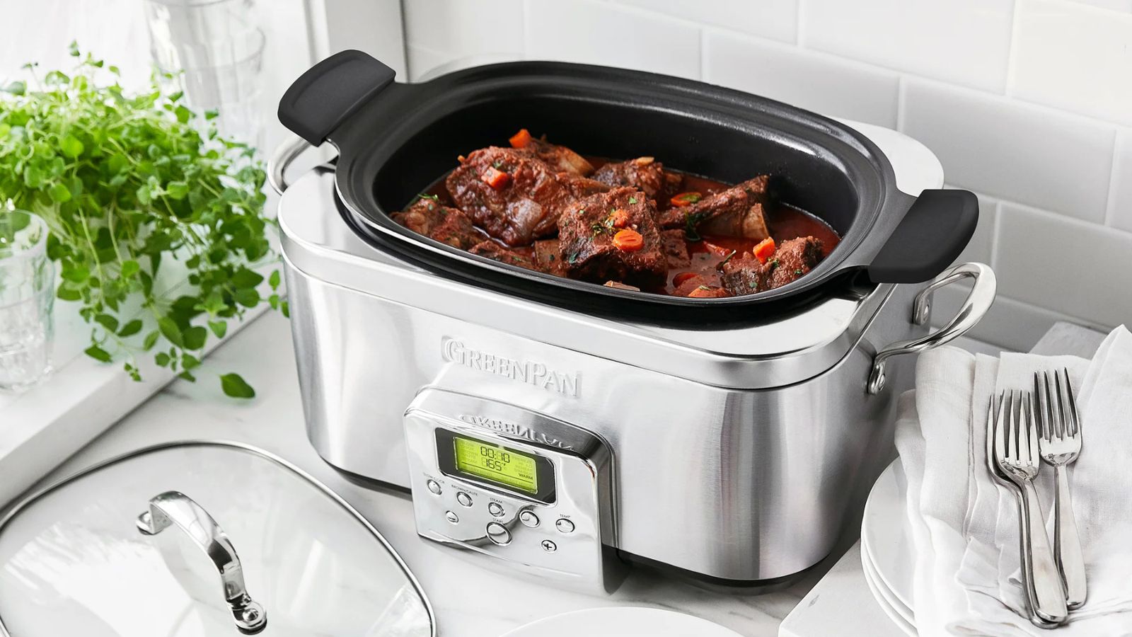GreenPan™ Premiere Stainless-Steel Slow Cooker simmering a beef stew