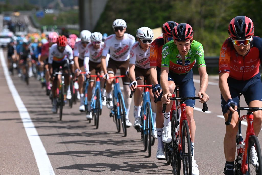 BRENTONICO SAN VALENTINO ITALY APRIL 19 Tao Geoghegan Hart of United Kingdom and Team INEOS Grenadiers Green leader jersey competes during the 46th Tour of the Alps 2023 Stage 3 a 1625km stage from Ritten to Brentonico San Valentino 1321m on April 19 2023 in Brentonico San Valentino Italy Photo by Tim de WaeleGetty Images
