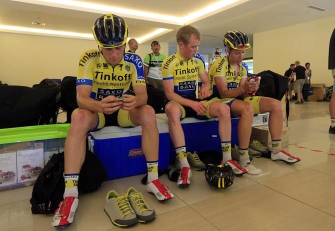 Tinkoff-Saxo riders await their training session