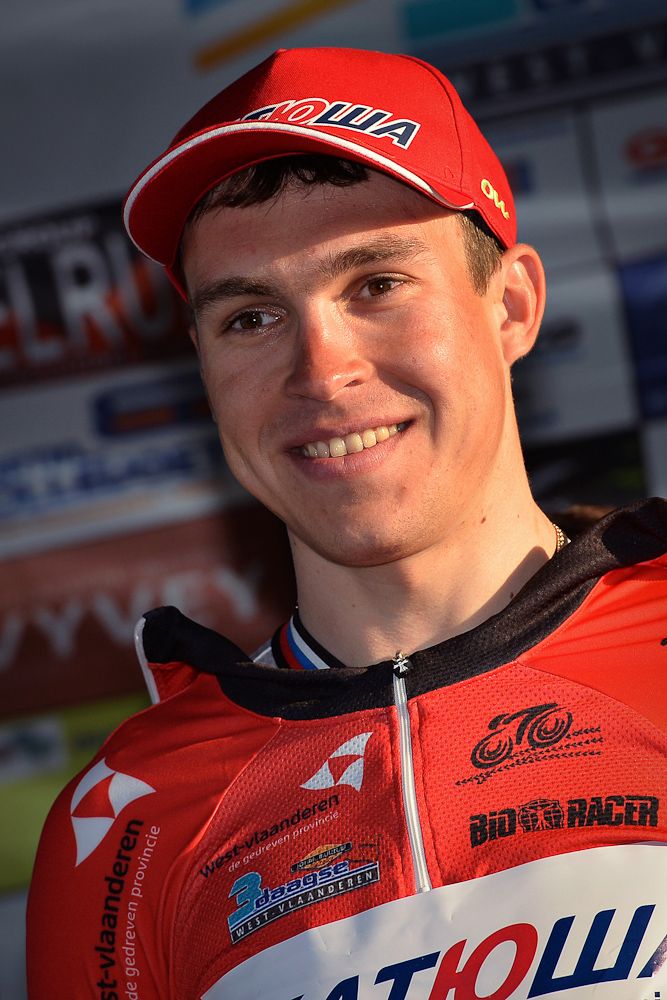 Russian Anton Vorobyev of Team Katusha on the podium at Driedaagse van West Vlaanderen.