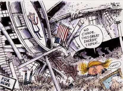 Political cartoon U.S. Trump White House chaos tweets Fox News