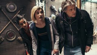 Doctor Who Yaz (MANDIP GILL), The Doctor (JODIE WHITTAKER), Dan (JOHN BISHOP)