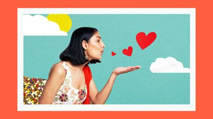 collage of Asian woman blowing love hearts with landscape in background, dating break