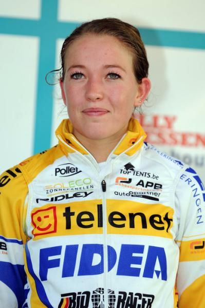 Sophie de Boer (Telenet-Fidea) on the podium for her third place finish.