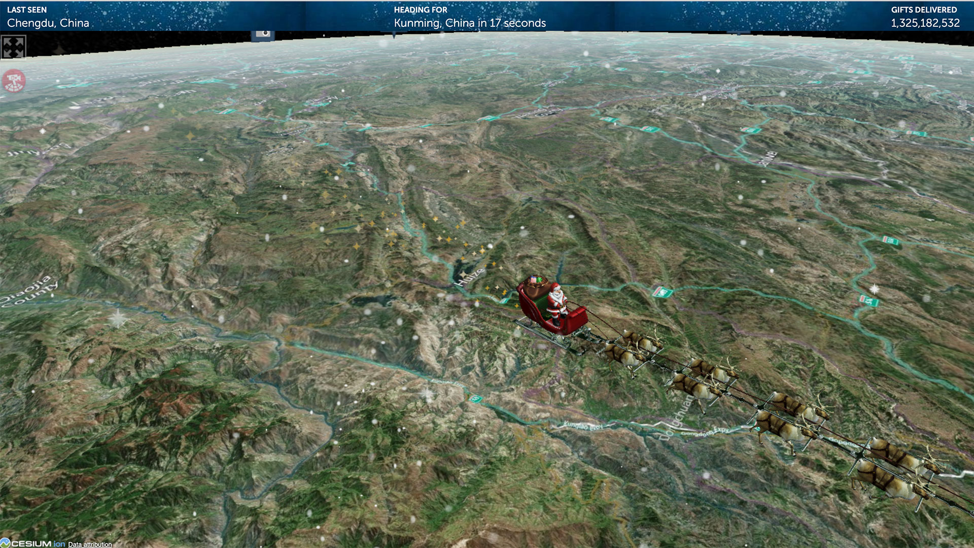 Santa over China on the NORAD Santa tracker
