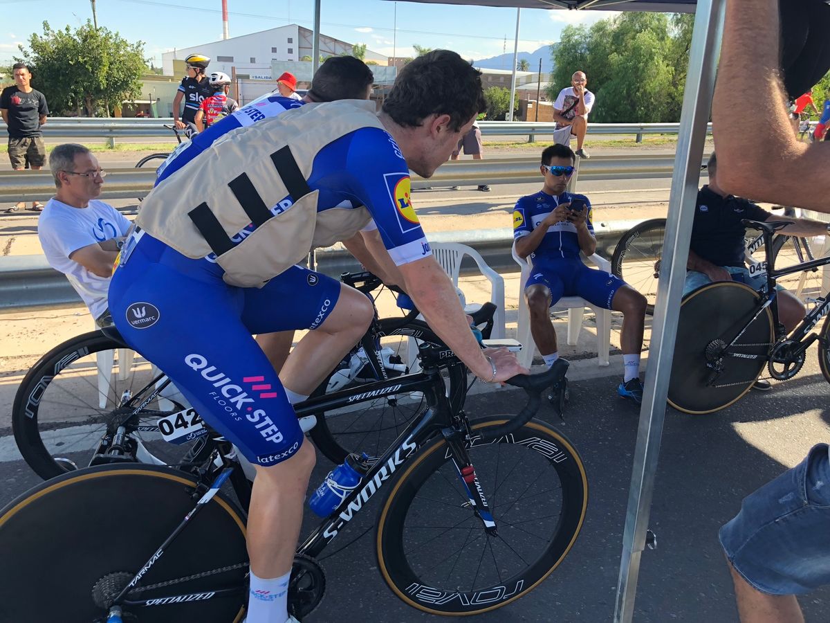 Remi Cavagna of Quick-Step Floors wears an ice vest ahead of the time trial in an attempt to keep his core temperature down