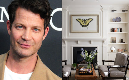 A split image with a headshot of Nate Berkus and a photo of a living room with built-in alcove shelving 