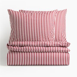 Red Striped Cotton King/Queen Duvet Cover Set