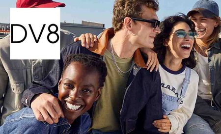 DV8 logo placed over an image of 5 people laughing, huggng and posing together