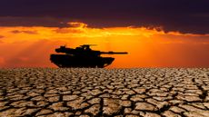 Tank on dry, cracked land