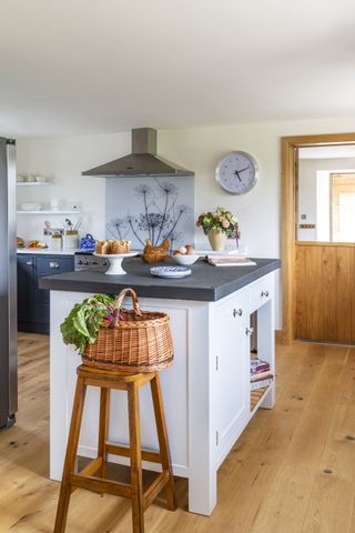 kitchen with salvaged slate worktop in restored Welsh barn