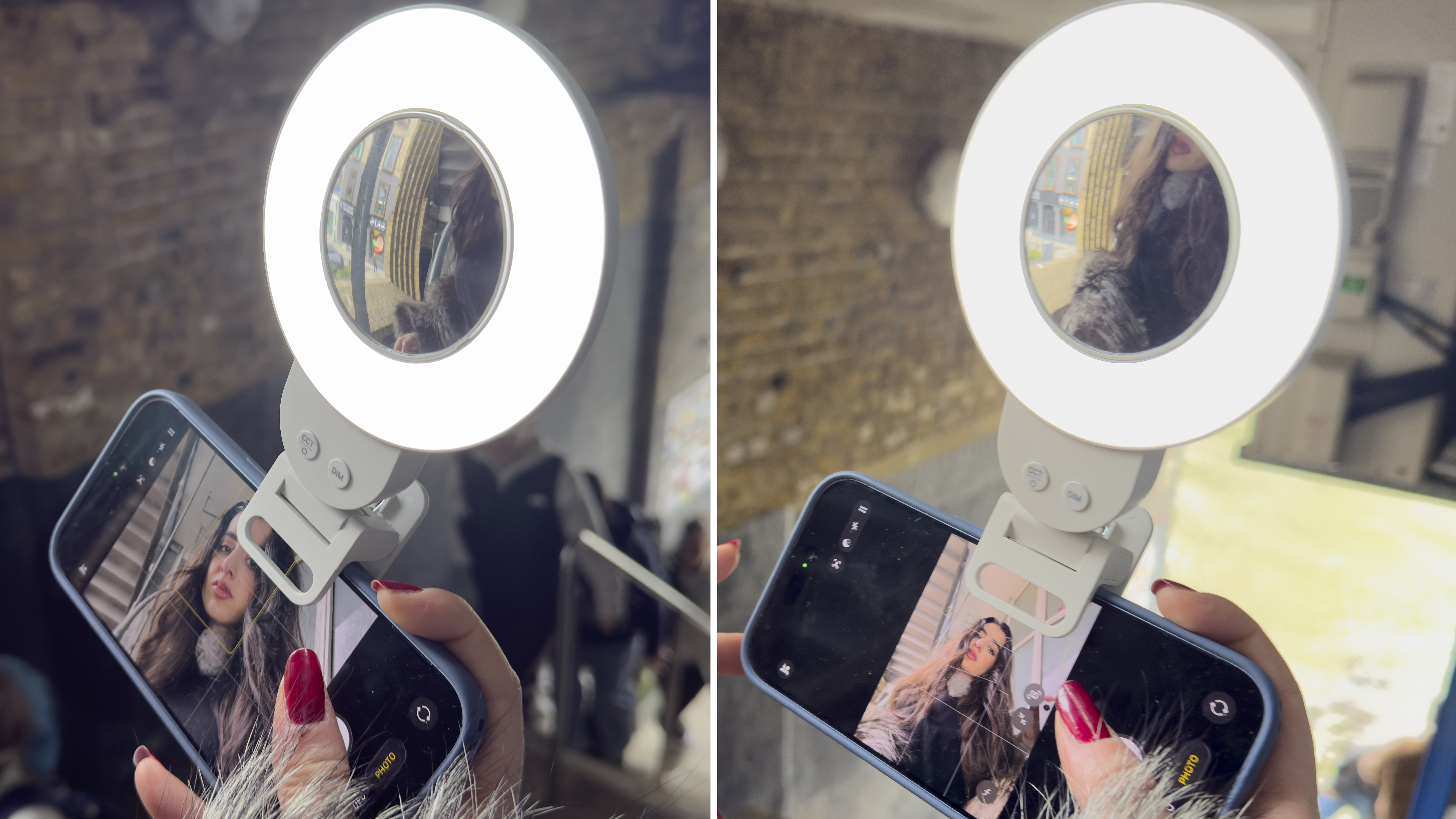 Shot of the LR30Bi mounted on the long (horizontal) side of an iPhone 17. The model has tapped an icon so that she can shoot a vertical or horizontal portrait with the iPhone 17 without needing to rotate the iPhone to a vertical orientation.