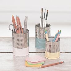upcycled tins as home office stationery holders
