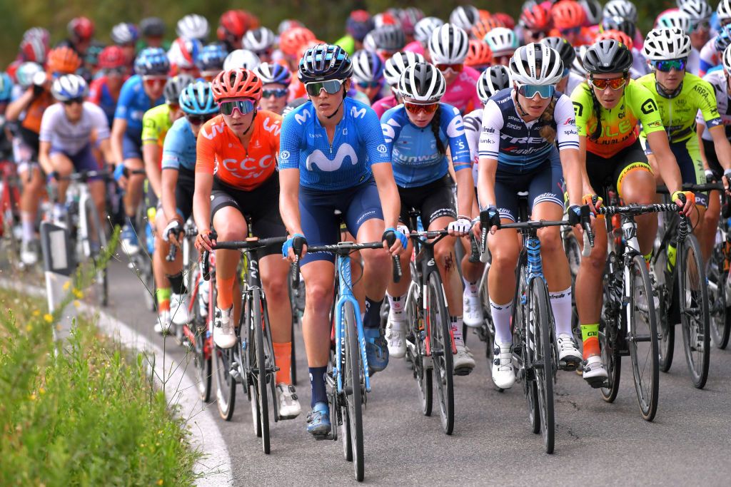 ARCIDOSSO ITALY SEPTEMBER 12 Pauliena Rooijakkers of The Netherlands and Team CCC Liv Tayler Wiles of The United States and Team Trek Segafredo Liane Lippert of Germany and Team Sunweb Eugenia Bujak of Slovenia and Team Ale BTC Ljubljana during the 31st Giro dItalia Internazionale Femminile 2020 Stage 2 a 1248km stage from Civitella Paganico to Arcidosso GiroRosaIccrea GiroRosa on September 12 2020 in Arcidosso Italy Photo by Luc ClaessenGetty Images