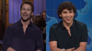 From left to right: Glen Powell during his monologue on SNL and Marcello Hernandez on Weekend Update. 