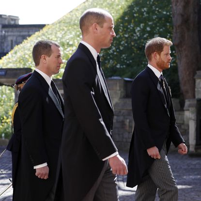 windsor, england april 17 peter phillips, prince william, duke of cambridge and prince harry, duke of sussex during the ceremonial procession during the funeral of prince philip, duke of edinburgh at windsor castle on april 17, 2021 in windsor, england prince philip of greece and denmark was born 10 june 1921, in greece he served in the british royal navy and fought in wwii he married the then princess elizabeth on 20 november 1947 and was created duke of edinburgh, earl of merioneth, and baron greenwich by king vi he served as prince consort to queen elizabeth ii until his death on april 9 2021, months short of his 100th birthday his funeral takes place today at windsor castle with only 30 guests invited due to coronavirus pandemic restrictions photo by alastair grantwpa poolgetty images