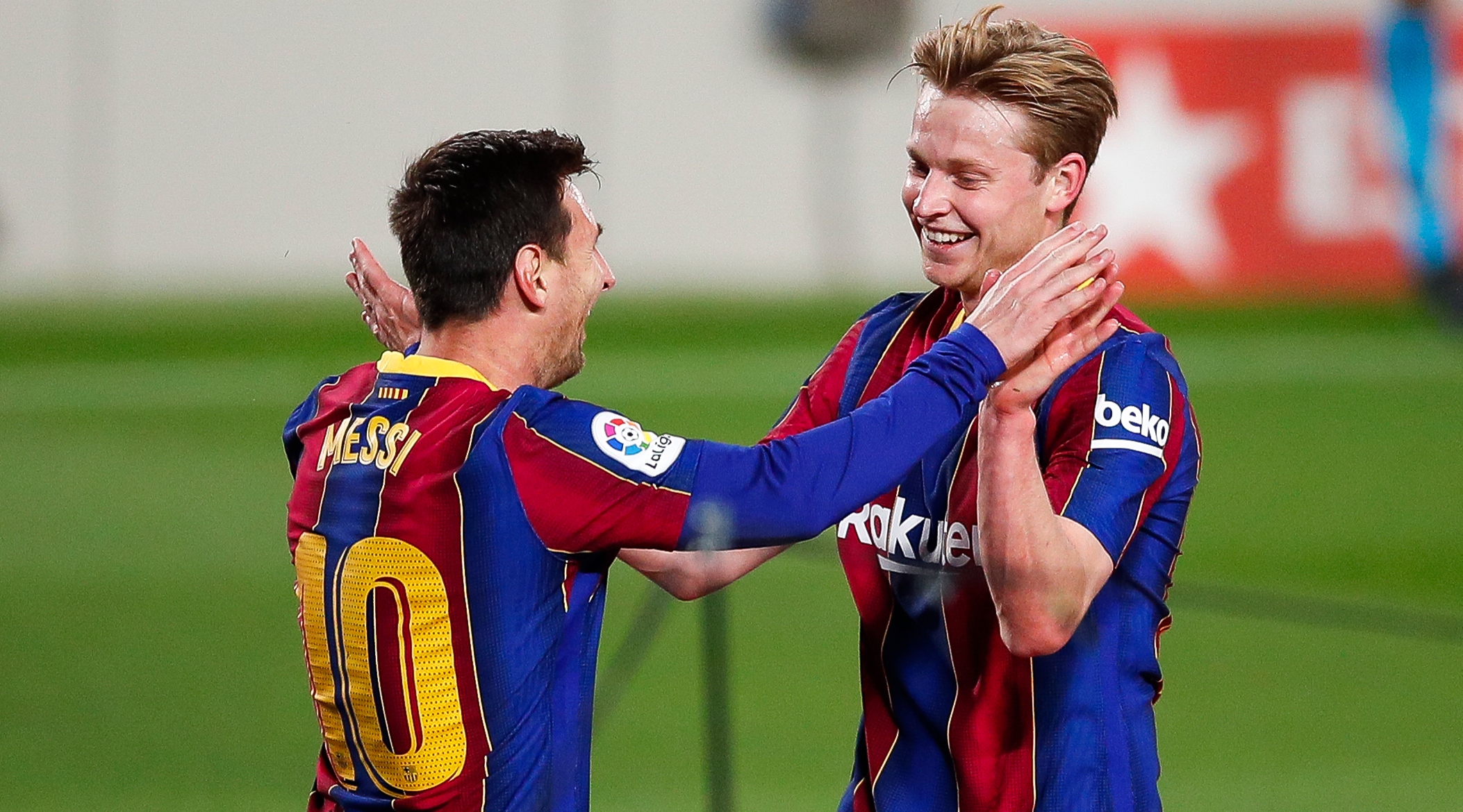 Lionel Messi and Frenkie de Jong of Barcelona celebrate after a goal during the La Liga match between Barcelona and Getafe at the Camp Nou on April 22, 2021 in Barcelona, Catalonia, Spain.