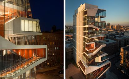 Two images of the exterior view of the new Medical Center for New York’s Columbia University. The modern building is flooded with light through panoramic, glass windows that surround the side of the building, through which we see staircases. 