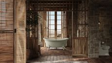 A Western wellness-inspired bathroom featuring natural wood and an ornately footed clawfoot tub