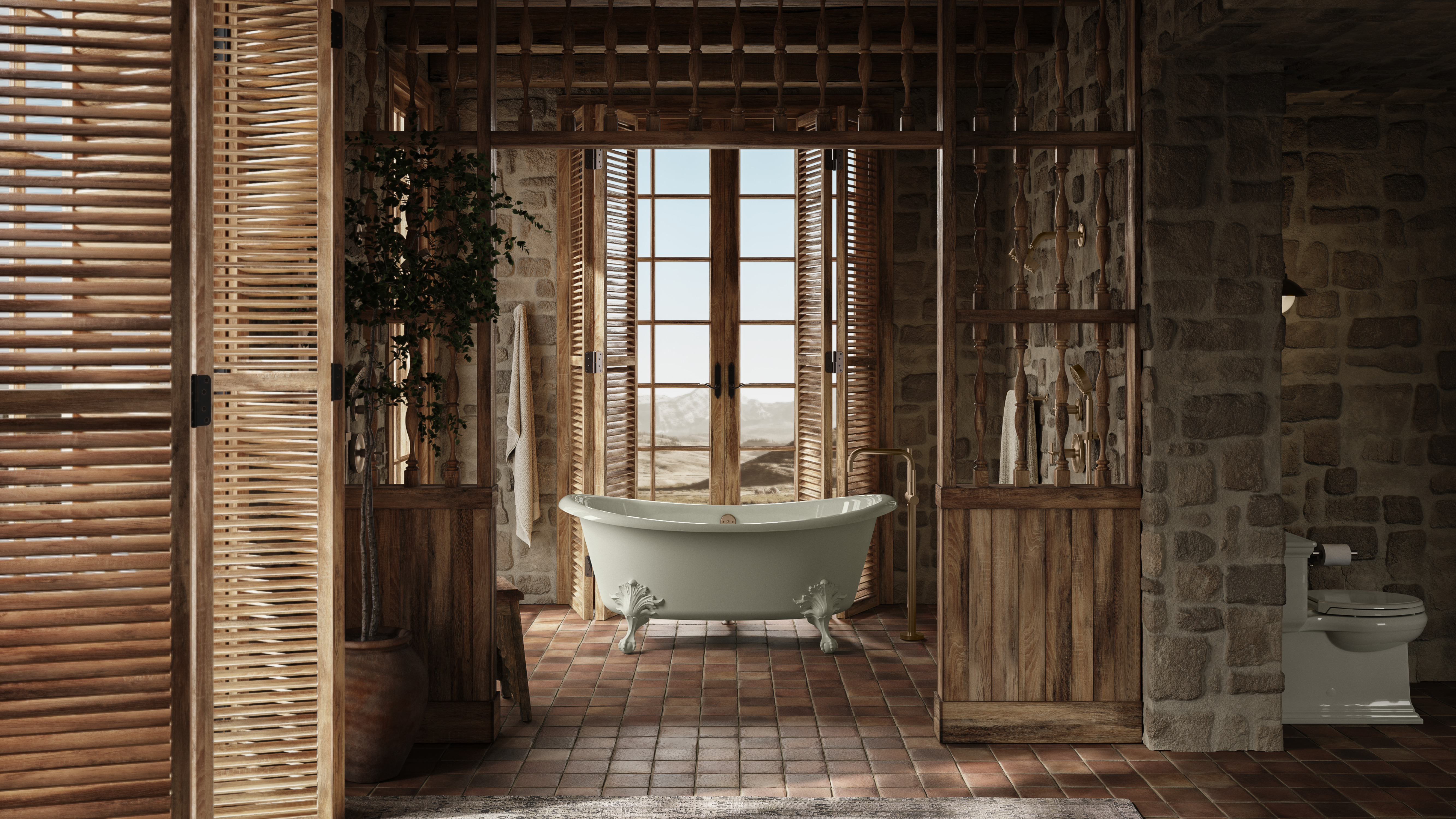 A Western wellness-inspired bathroom featuring natural wood and an ornately footed clawfoot tub