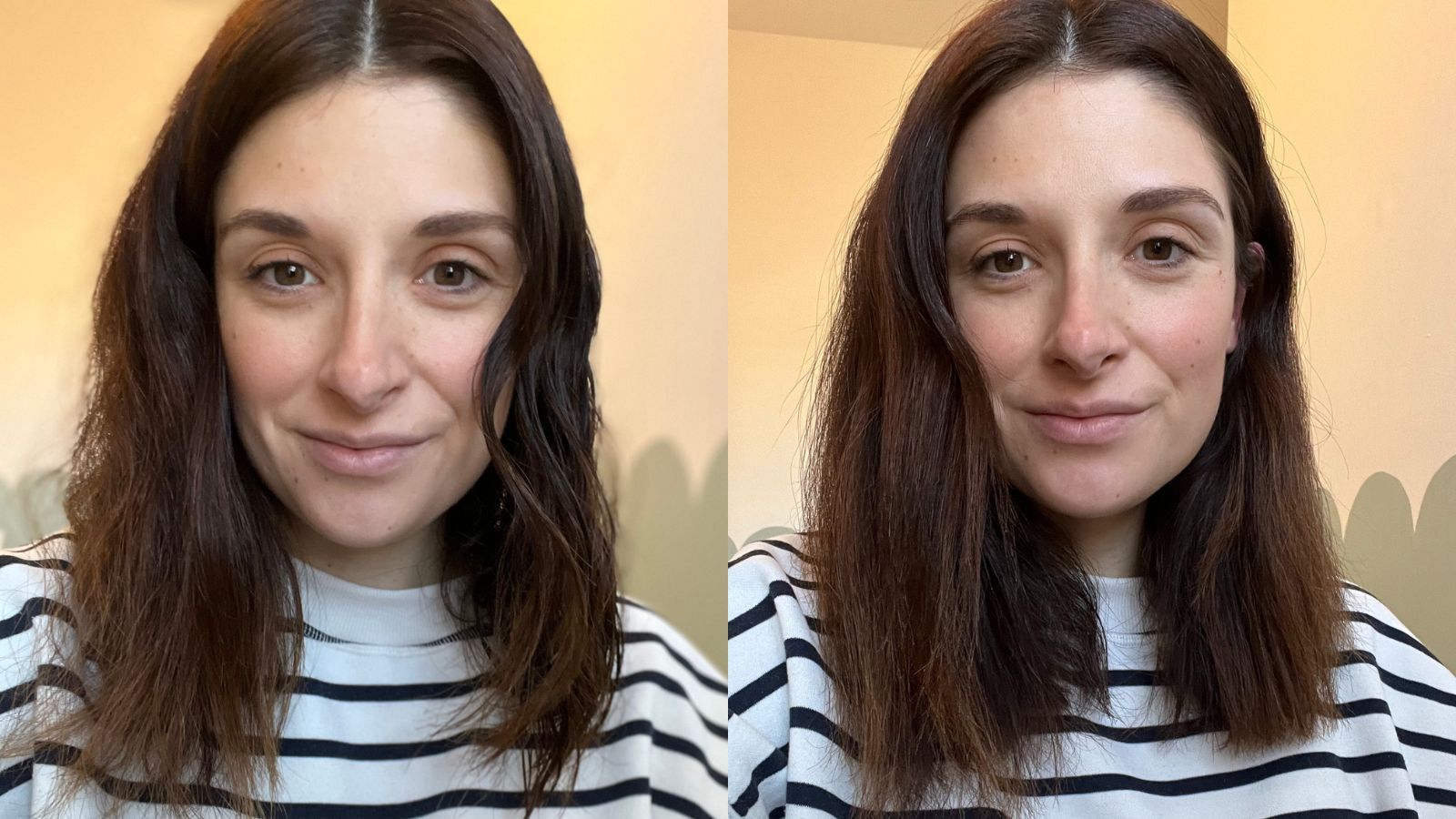 Beauty editor Jess before (left) and after using MD London BLOW dryer (right)