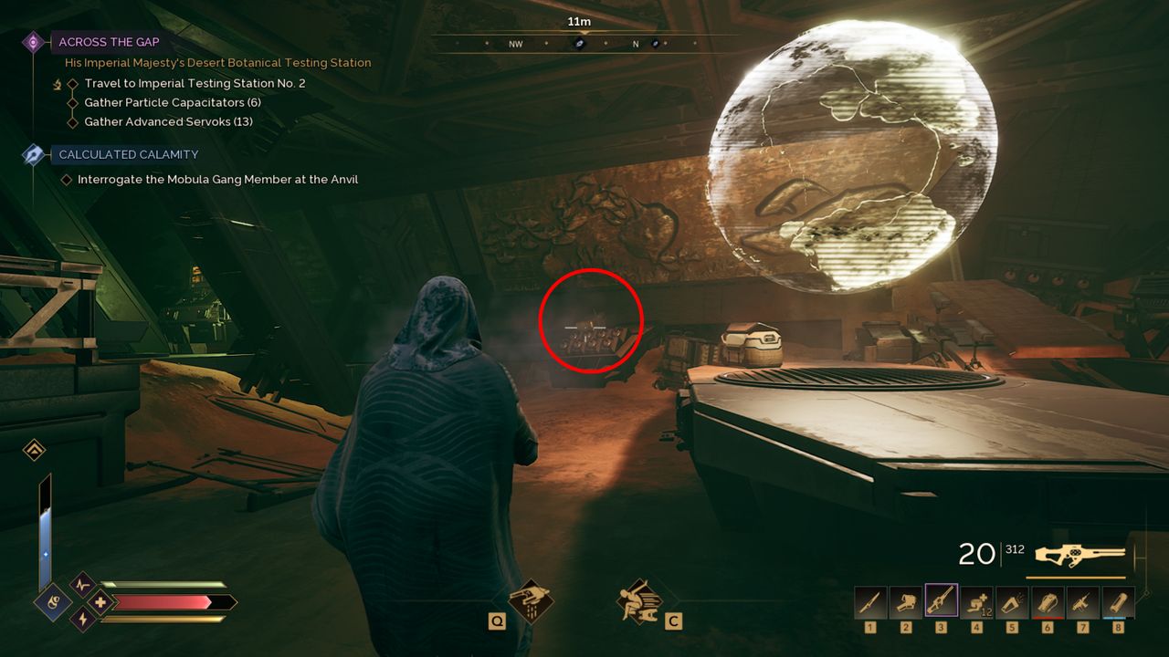 Dune: Awakening Holtzman Amplifier location - A red circle highlights the location of the item in the Alcyon control room.