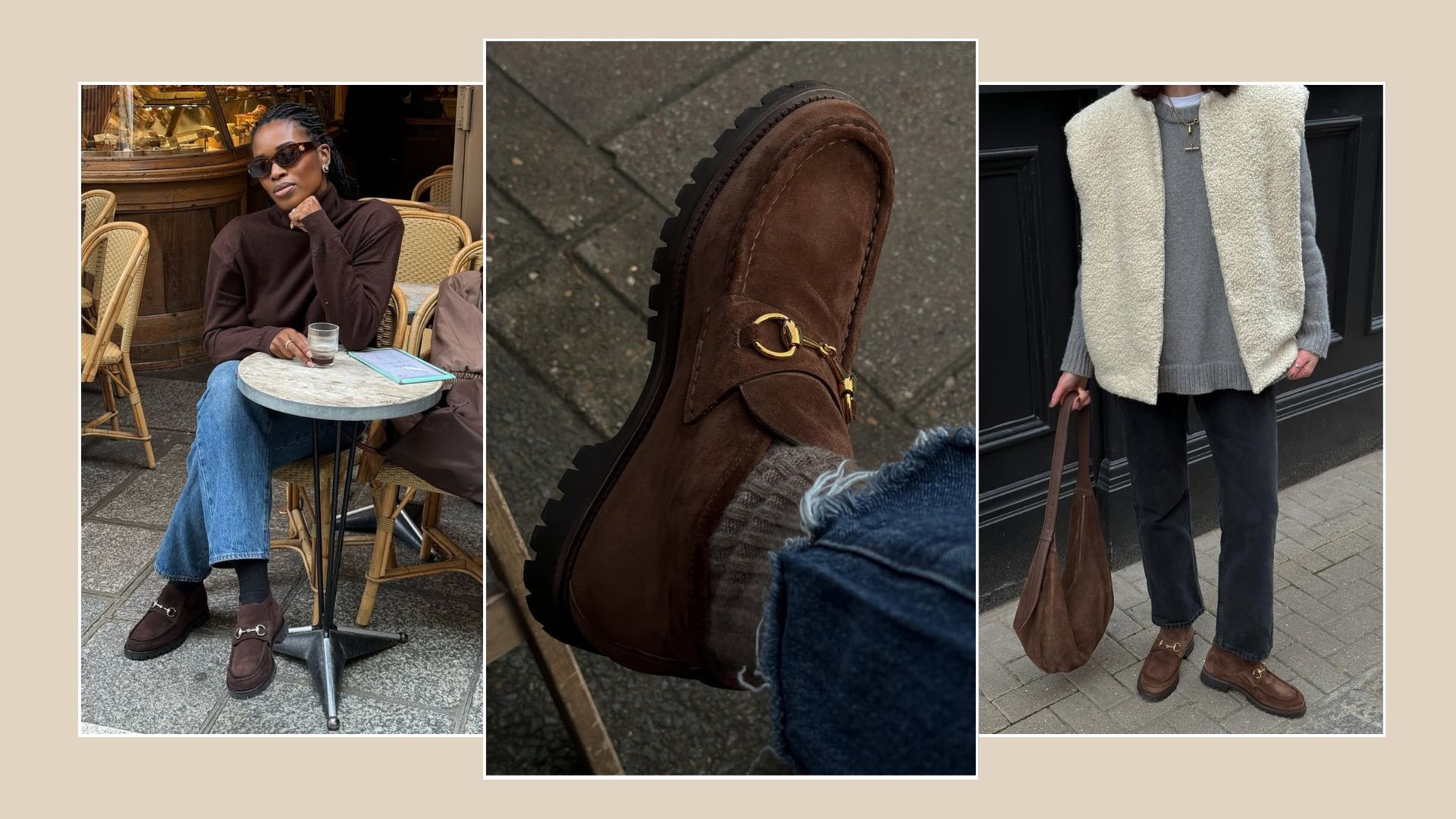 Woman wears brown sweater, blue jeans and brown horsebit boots&#039; woman wears cream shearling gilet, grey jumper, black jeans and brown horsebit loafers 